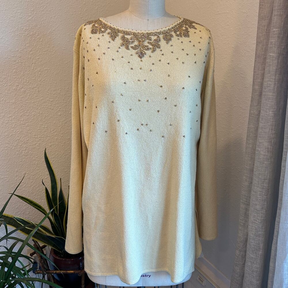 Sadimara by Colette Morro Women's Large Sweater Cream Beaded Long Sleeve Tunic
